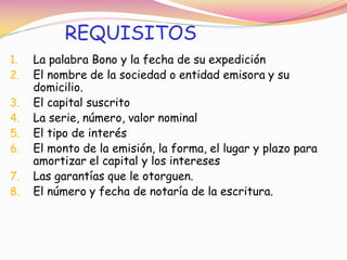 REQUISITOS
1.   La palabra Bono y la fecha de su expedición
2.   El nombre de la sociedad o entidad emisora y su
     domicilio.
3.   El capital suscrito
4.   La serie, número, valor nominal
5.   El tipo de interés
6.   El monto de la emisión, la forma, el lugar y plazo para
     amortizar el capital y los intereses
7.   Las garantías que le otorguen.
8.   El número y fecha de notaría de la escritura.
 