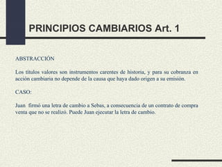 PRINCIPIOS CAMBIARIOS Art. 1

ABSTRACCIÓN

Los títulos valores son instrumentos carentes de historia, y para su cobranza en
acción cambiaria no depende de la causa que haya dado origen a su emisión.

CASO:

Juan firmó una letra de cambio a Sebas, a consecuencia de un contrato de compra
venta que no se realizó. Puede Juan ejecutar la letra de cambio.
 