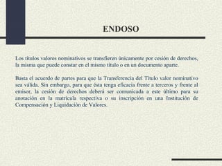 ENDOSO


Los títulos valores nominativos se transfieren únicamente por cesión de derechos,
la misma que puede constar en el mismo título o en un documento aparte.

Basta el acuerdo de partes para que la Transferencia del Título valor nominativo
sea válida. Sin embargo, para que ésta tenga eficacia frente a terceros y frente al
emisor, la cesión de derechos deberá ser comunicada a este último para su
anotación en la matrícula respectiva o su inscripción en una Institución de
Compensación y Liquidación de Valores.
 