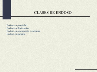 CLASES DE ENDOSO


Endoso en propiedad
Endoso en fideicomiso
Endoso en procuración o cobranza
Endoso en garantía
 