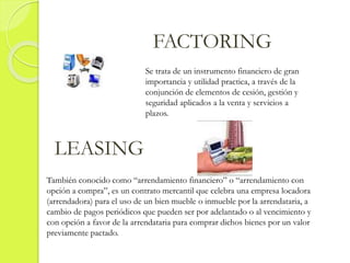 También conocido como “arrendamiento financiero” o “arrendamiento con
opción a compra”, es un contrato mercantil que celebra una empresa locadora
(arrendadora) para el uso de un bien mueble o inmueble por la arrendataria, a
cambio de pagos periódicos que pueden ser por adelantado o al vencimiento y
con opción a favor de la arrendataria para comprar dichos bienes por un valor
previamente pactado.
LEASING
FACTORING
Se trata de un instrumento financiero de gran
importancia y utilidad practica, a través de la
conjunción de elementos de cesión, gestión y
seguridad aplicados a la venta y servicios a
plazos.
 