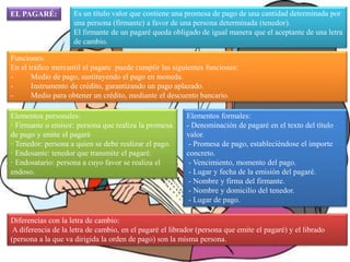 EL PAGARÉ: Es un título valor que contiene una promesa de pago de una cantidad determinada por
una persona (firmante) a favor de una persona determinada (tenedor).
El firmante de un pagaré queda obligado de igual manera que el aceptante de una letra
de cambio.
Funciones:
En el tráfico mercantil el pagare puede cumplir las siguientes funciones:
- Medio de pago, sustituyendo el pago en moneda.
- Instrumento de crédito, garantizando un pago aplazado.
- Medio para obtener un crédito, mediante el descuento bancario.
Elementos personales:
· Firmante o emisor: persona que realiza la promesa
de pago y emite el pagaré
· Tenedor: persona a quien se debe realizar el pago.
· Endosante: tenedor que transmite el pagaré.
· Endosatario: persona a cuyo favor se realiza el
endoso.
Elementos formales:
- Denominación de pagaré en el texto del título
valor.
- Promesa de pago, estableciéndose el importe
concreto.
- Vencimiento, momento del pago.
- Lugar y fecha de la emisión del pagaré.
- Nombre y firma del firmante.
- Nombre y domicilio del tenedor.
- Lugar de pago.
Diferencias con la letra de cambio:
A diferencia de la letra de cambio, en el pagaré el librador (persona que emite el pagaré) y el librado
(persona a la que va dirigida la orden de pago) son la misma persona.
 