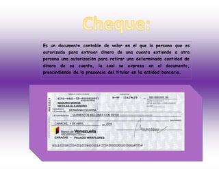 Es un documento contable de valor en el que la persona que es
autorizada para extraer dinero de una cuenta extiende a otra
persona una autorización para retirar una determinada cantidad de
dinero de su cuenta, la cual se expresa en el documento,
prescindiendo de la presencia del titular en la entidad bancaria.
 