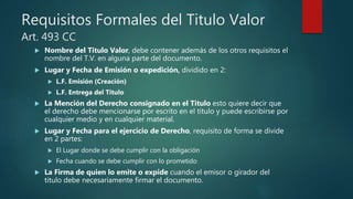 Requisitos Formales del Titulo Valor
Art. 493 CC
 Nombre del Titulo Valor, debe contener además de los otros requisitos el
nombre del T.V. en alguna parte del documento.
 Lugar y Fecha de Emisión o expedición, dividido en 2:
 L.F. Emisión (Creación)
 L.F. Entrega del Titulo
 La Mención del Derecho consignado en el Titulo esto quiere decir que
el derecho debe mencionarse por escrito en el titulo y puede escribirse por
cualquier medio y en cualquier material.
 Lugar y Fecha para el ejercicio de Derecho, requisito de forma se divide
en 2 partes:
 El Lugar donde se debe cumplir con la obligación
 Fecha cuando se debe cumplir con lo prometido
 La Firma de quien lo emite o expide cuando el emisor o girador del
titulo debe necesariamente firmar el documento.
 