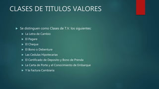 CLASES DE TITULOS VALORES
 Se distinguen como Clases de T.V. los siguientes:
 La Letra de Cambio
 El Pagare
 El Cheque
 El Bono o Debenture
 Las Cedulas Hipotecarias
 El Certificado de Deposito y Bono de Prenda
 La Carta de Porte y el Conocimiento de Embarque
 Y la Factura Cambiaria
 