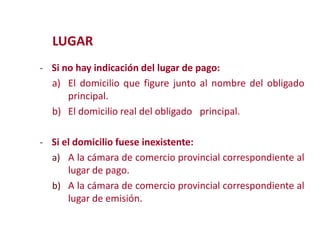 LUGAR
- Si no hay indicación del lugar de pago:

a) El domicilio que figure junto al nombre del obligado
principal.
b) El domicilio real del obligado principal.
- Si el domicilio fuese inexistente:
a) A la cámara Modificación de
de comercio provincial correspondiente al

lugar de pago.
b) A la cámara de comercio provincial correspondiente al
lugar de emisión.
2

 