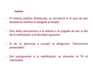 TRÁMITE

- El notario público (fedatario), su secretario o el juez de paz

(fedatario) notifica al obligado principal.
- Éste debe apersonarse a la notaría o al juzgado de paz el día

de la notificación o el día hábil siguiente.
- Si no se apersona a cumplir la obligación: “documento
Modificación de
protestado”.
- Día subsiguiente a la notificación: se devuelve el TV al

interesado.
2

 