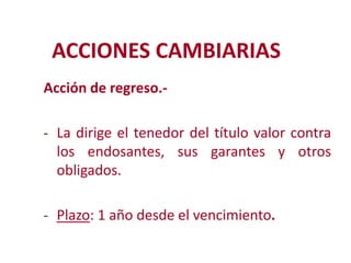ACCIONES CAMBIARIAS
Acción de regreso.- La dirige el tenedor del título valor contra

los endosantes, sus garantes y otros
obligados. Modificación de
- Plazo: 1 año desde el vencimiento.
2

 