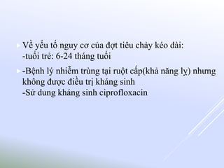 Về yếu tố nguy cơ của đợt tiêu chảy kéo dài:
-tuổi trẻ: 6-24 tháng tuổi
-Bệnh lý nhiễm trùng tại ruột cấp(khả năng lỵ) nhưng
không được điều trị kháng sinh
-Sử dung kháng sinh ciprofloxacin
 