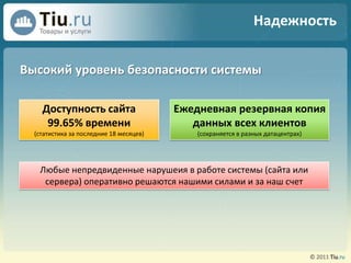 НадежностьВысокий уровень безопасности системыДоступность сайта99.65% времени(статистика за последние 18 месяцев)Ежедневная резервная копия данных всех клиентов(сохраняется в разных датацентрах)Любые непредвиденные нарушеия в работе системы (сайта или сервера) оперативно решаются нашими силами и за наш счет