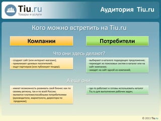 Аудитория  Tiu.ruКого можновстретить на Tiu.ruКомпанииПотребителиЧтоониздесьделают?- создают сайт (или интернет-магазин);- привлекают целевых посетителей;- ищут партнеров (или публикуют тендер);- выбирают в каталогеподходящеепредложение;- переходятизпоисковых систем в каталог или на  сайт компании;- заходят на сайт однойизкомпаний;А ещеони:- имеют возможность развивать свой бизнес как по  своему региону, так и по всей России;- являются платежеспособными потребителями  (руководители, маркетологи, директора по   продажам);- где-тоработают и готовыиспользовать каталогTiu.ru для выполнениярабочих задач;
