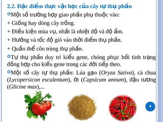 2.2. Đ c đi m th c v t h c c a cây t th ph n
ặ ể ự ậ ọ ủ ự ụ ấ
M t s tr ng h p giao ph n ph thu c vào:
ộ ố ườ ợ ấ ụ ộ
+ Gi ng hay dòng cây tr ng.
ố ồ
+ Đi u ki n mùa v , nh t là nhi t đ và đ m.
ề ệ ụ ấ ệ ộ ộ ẩ
+ H ng và t c đ gió vào th i đi m th ph n.
ướ ố ộ ờ ể ụ ấ
+ Qu n th côn trùng th ph n.
ầ ể ụ ấ
T th ph n duy trì ki u gene, chóng ph c h i tình tr ng
ự ụ ấ ể ụ ồ ạ
đ ng h p cho ki u gene trong các đ i ti p theo.
ồ ợ ể ờ ế
M t s cây t th ph n: Lúa g o (
ộ ố ự ụ ấ ạ Oryza Sativa), cà chua
(Lycopersicon esculentum), t (
ớ Capsicum annum), đ u t ng
ậ ươ
(Glicine max),...
6
 
