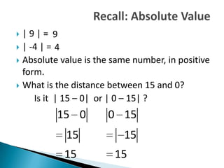  |9|= 9
 | -4 | = 4
 Absolute value is the same number, in positive
  form.
 What is the distance between 15 and 0?
     Is it | 15 – 0| or | 0 – 15| ?
          15 0        0 15
            15            15
           15           15
 