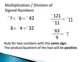 42              121
   7     6                                11
                                 11
    8     4     32               63
                                         7
                                 9
Rule for two numbers with the same sign:
The product/quotient of the two will be positive.
 