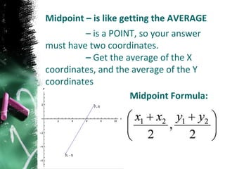 Midpoint – is like getting the AVERAGE –  is a POINT, so your answer must have two coordinates.  –  Get the average of the X coordinates, and the average of the Y  coordinates Midpoint Formula: 