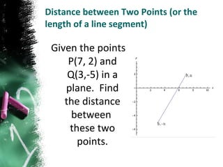 Distance between Two Points (or the length of a line segment) Given the points P(7, 2) and Q(3,-5) in a plane.  Find the distance between  these two points. 