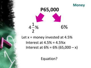Money P65,000 6% Interest at 4.5% = 4.5%x Interest at 6% = 6% (65,000 – x) Let x = money invested at 4.5% Equation? 