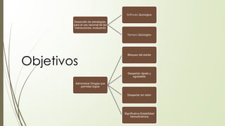 Desarrollo de estrategias,
para el uso racional de las
interacciones, evaluando
Estímulo Quirúrgico
Tiempo Quirúrgico
Administrar Drogas que
permitan lograr
Bloqueo del estrés
Despertar rápido y
agradable
Despertar sin dolor
Significativa Estabilidad
hemodinámica
Objetivos
 