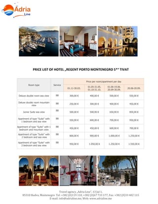 Hotels in Becici - Montenegro
Travel agency „Adria Line”, 13 Jul 1,
85310 Budva, Montenegro Tel: +382 (0)119 110, +382 (0)67 733 177, Fax: +382 (0)33 402 115
E-mail: info@adrialine.me, Web: www.adrialine.me
PRICE LIST OF HOTEL „REGENT PORTO MONTENEGRO 5*“ TIVAT
Room type Service
Price per room/apartment per day
01.11-30.03.
01.05-31.05.
01.10-31.10.
01.06-19.06.
20.09-30.09.
20.06-20.09.
Deluxe double room sea view BB 300,00 € 400,00 € 500,00 € 550,00 €
Deluxe double room mountain
view
BB 250,00 € 300,00 € 400,00 € 450,00 €
Junior Suite sea view
BB
500,00 € 500,00 € 650,00 € 850,00 €
Apartment of type "Suite" with
1 bedroom and sea view
BB
550,00 € 600,00 € 700,00 € 950,00 €
Apartment of type "Suite" with 1
bedroom and mountain view
BB
450,00 € 450,00 € 600,00 € 700,00 €
Apartment of type "Suite" with
2 bedroom and sea view
BB
800,00 € 900,00 € 1.000,00 € 1.250,00 €
Apartment of type "Suite" with
3 bedroom and sea view
BB
950,00 € 1.050,00 € 1.250,00 € 1.550,00 €
 