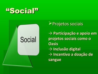 ““Social”Social”
Projetos sociaisProjetos sociais
→→ Participação e apoio emParticipação e apoio em
projetos sociais como oprojetos sociais como o
OasisOasis
→→ Inclusão digitalInclusão digital
→→ Incentivo a doação deIncentivo a doação de
sanguesangue
 