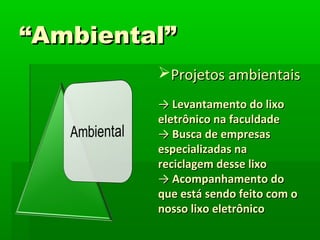 ““Ambiental”Ambiental”
Projetos ambientaisProjetos ambientais
→→ Levantamento do lixoLevantamento do lixo
eletrônico na faculdadeeletrônico na faculdade
→→ Busca de empresasBusca de empresas
especializadas naespecializadas na
reciclagem desse lixoreciclagem desse lixo
→→ Acompanhamento doAcompanhamento do
que está sendo feito com oque está sendo feito com o
nosso lixo eletrôniconosso lixo eletrônico
 