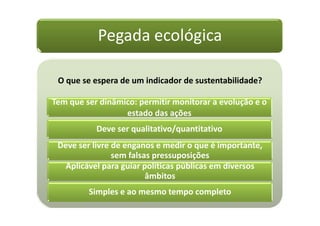 Pegada ecológica
O que se espera de um indicador de sustentabilidade?
Tem que ser dinâmico: permitir monitorar a evolução e o
estado das ações
Deve ser qualitativo/quantitativo
Deve ser livre de enganos e medir o que é importante,
sem falsas pressuposições
Aplicável para guiar políticas públicas em diversos
âmbitos
Simples e ao mesmo tempo completo
 