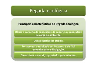 Pegada ecológica
Principais características da Pegada Ecológica
Utiliza o conceito de capacidade de suporte ou capacidade
de carga do ambiente.
Utiliza estatísticas oficiais.
Por apontar o resultado em hectares, é de fácil
entendimento e divulgação.
Dimensiona os serviços prestados pela natureza.
 