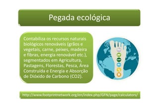 Pegada ecológica
http://www.footprintnetwork.org/en/index.php/GFN/page/calculators/
Contabiliza os recursos naturais
biológicos renováveis (grãos e
vegetais, carne, peixes, madeira
e fibras, energia renovável etc.),
segmentados em Agricultura,
Pastagens, Florestas, Pesca, Área
Construída e Energia e Absorção
de Dióxido de Carbono (CO2).
 