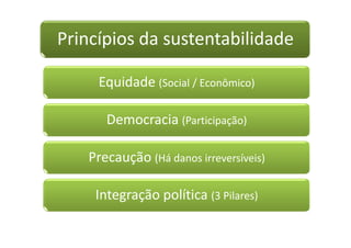 Princípios da sustentabilidade
Equidade (Social / Econômico)
Democracia (Participação)
Precaução (Há danos irreversíveis)
Integração política (3 Pilares)
 