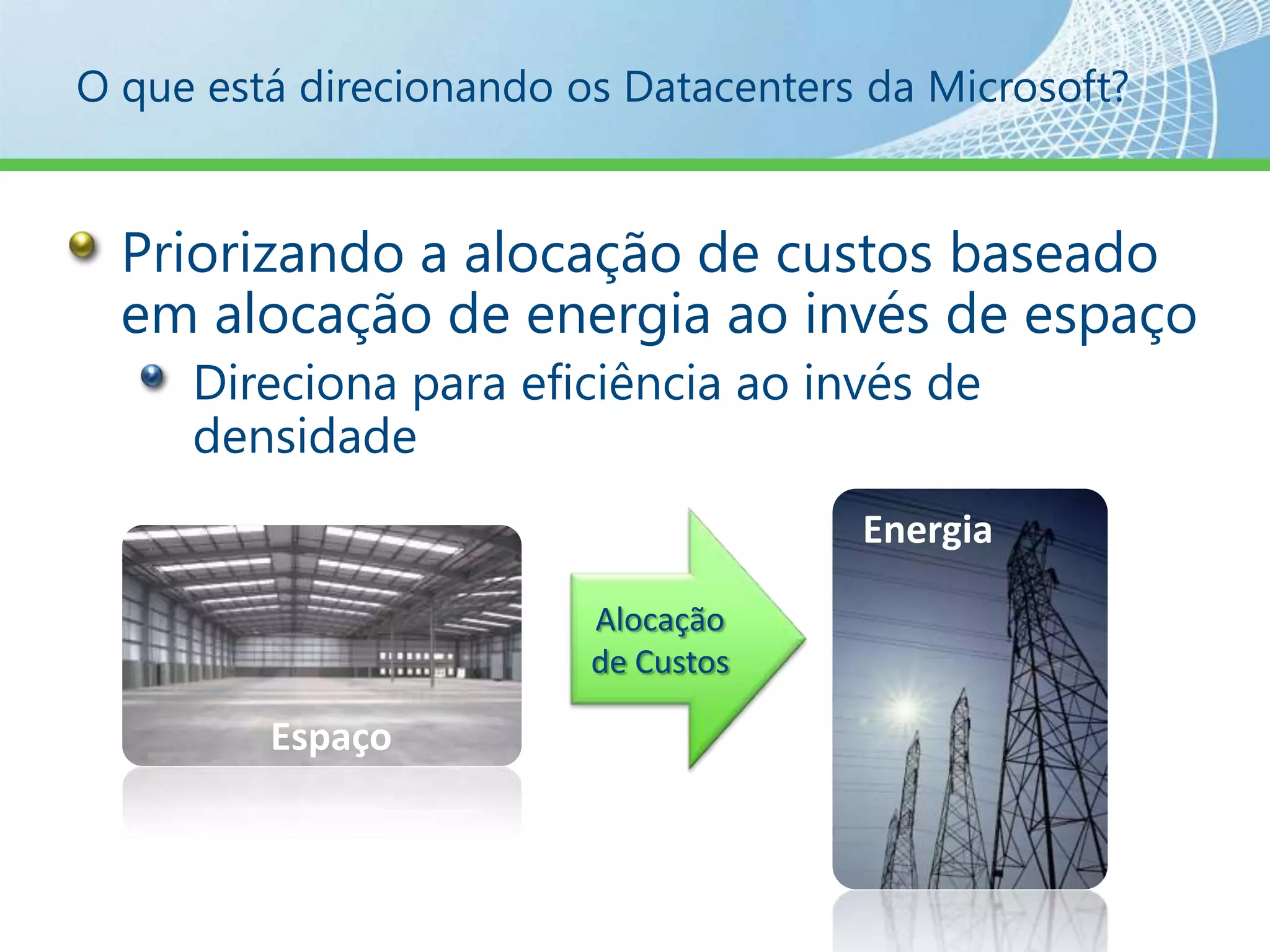Exemplo: Custo de construção de Datacenters - EUATerreno - 2%Core & Shell Costs – 9% Arquitetura – 7%Mecânica / Elétrica – 82%Desde 2004 -16% de aumento ano a anoReduzir!Ondeoscustosestão:>80% escala com energia<10% escala com espaço18