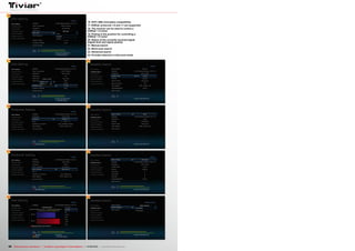 22
23
24
6
17
18
21
16
19
20
40 TELE-audiovision International — The World‘s Largest Digital TV Trade Magazine — 07-08/2013 — www.TELE-audiovision.com
16. SCR LNBs (Unicable) compatibility
17. DiSEqC protocols 1.0 and 1.1 are supported
18. The receiver can be used to control a
DiSEqC 1.2 motor
19. Putting in the position for controlling a
DiSEqC 1.3 motor
20. Status of the currently received signal
(signal level and signal quality)
21. Manual search
22. Blind scan search
23. Advanced search
24. Provider selection in fast scan mode
 