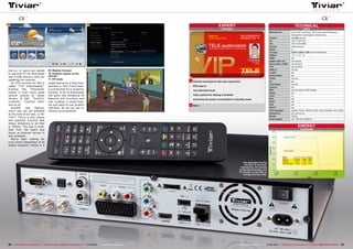 DATA
TECHNICAL
Manufacturer	 Fortis, #4F Fortis Bldg., 106-3 Imae-dong, Bundang-gu
	 Seongnam-si, Gyeonggi-do, South Korea
Contact	sales@tiviar.com
Tel.	+82-31-709-1407
Fax	+82-31-709-0266
Internet	www.tiviar.com
Model	 α+
Function	 / / Triple PVR Receiver
DiSEqC	 1.0, 1.1, 1.2, 1.3
HDMI	yes
Digital Audio out	 yes (optical)
Stereo Audio, CVBS	 yes (3x RCA)
YUV	 yes (3x RCA)
USB 2.0	 yes (4x)
e-SATA	yes
Internal SATA	yes
CI Slot	 yes (2x)
CI+	yes
Card Reader	 yes (2x)
Ethernet	yes
WiFi	 yes (via external USB Dongle)
RS232	yes
0/12V	no
EPG	yes
HDTV	yes
PVR	yes
WebTV	yes
OSD languages	 English, French, German, Dutch, Greek, Spanish, Farsi, Italian
Dimensions	 34 x 24.5 x 6 cm
Weight	 2.26 kg
Power Supply	 100 - 250 VAC, 50/60 Hz
DIAGRAM
ENERGY
Active Power
Apparent Power
Mode Apparent Active Factor
Active 31.5 W 19 W 0.60
StandBy 29.5 W 17 W 0.57
Deep StandBy 5.5 W 0.5 W 0.09
OPINION
expert
+
–
RECOMMENDED
PRODUCT BY
Thomas Haring
Test Center
Austria
Tiviar α+
Triple Tuner PVR
71
69 70
50 51TELE-audiovision International — The World‘s Largest Digital TV Trade Magazine — 07-08/2013 — www.TELE-audiovision.com www.TELE-audiovision.com — 07-08/2013 — TELE-audiovision International — 全球发行量最大的数字电视杂志
the α+, or users can decide
to use their PC for downloads
and a USB memory stick for
updating the receiver.
An OTA function for this is
called “FTA Downloading”:
Pushing the “Download”
button in main menu gives
several choices as “latest
Version of SW”, “FreeTV+
contents”, “Channel data”
and so on.
Another new feature,
which was not yet available
at the time of our test, is “Air
TiVi+”. This is a very unique
and powerful function that
allows streaming to an iPad
or iPhone. This app is avail-
able from the Apple App
store; an Android version is
also available.
We’ve been waiting for
truly smart integration of all
digital reception modes in a
single device for a long time,
and the α+ from Tiviar clear-
ly proves that it’s a recipe for
success. A lot of brainpower
has gone into designing all
features and functions and
into creating a smart-look-
ing and easy-to-use graphic
interface. All we can say is:
mission accomplished!
Full operation during
the first 15 minutes,
followed by 15 minutes
of standard standby and
15 minutes of standby in
energy-saving mode.
intuitive smartphone-like user experience
EPG search
very fast blind scan
many options for adding a harddisk
extremely low power consumption in standby mode
None
69. Weather forecast
70. Software update via the
Internet
71. PIP mode
 