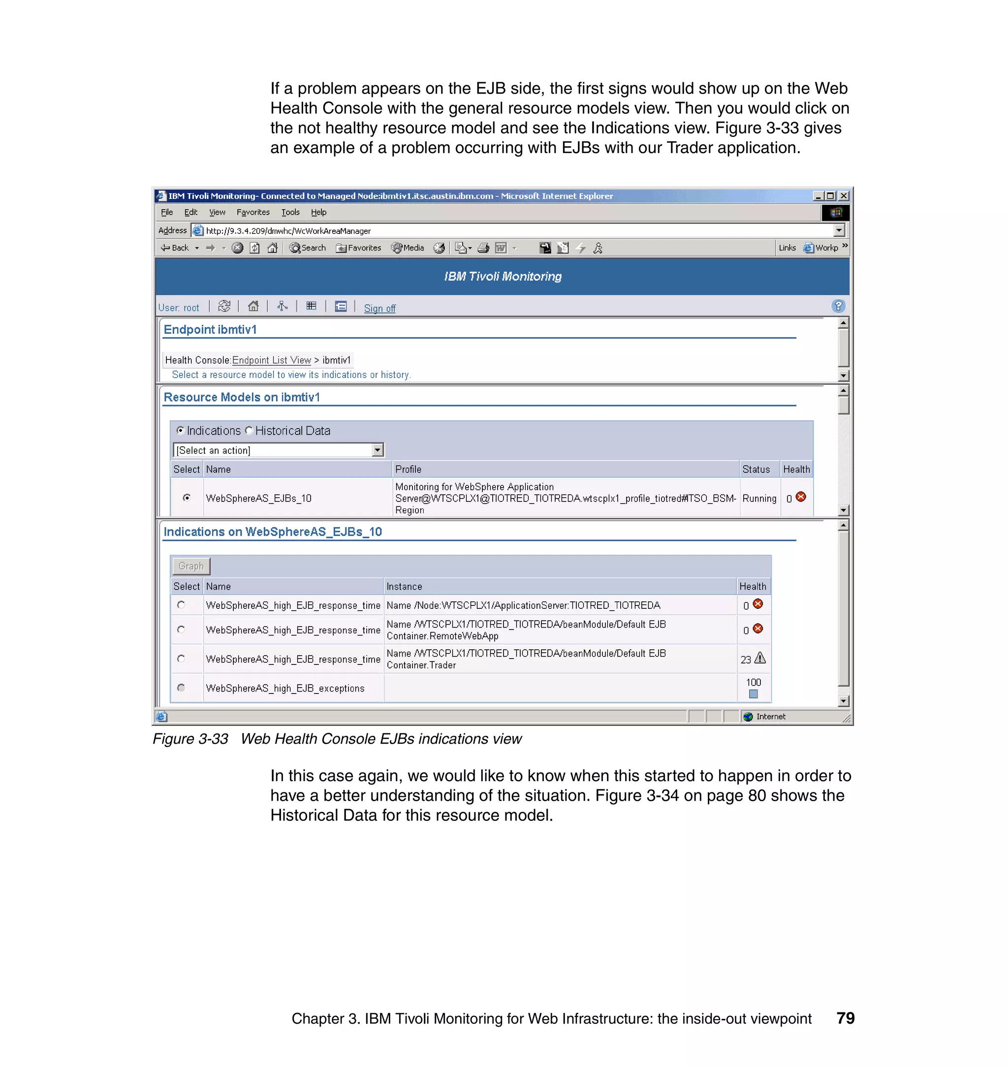 If a problem appears on the EJB side, the first signs would show up on the Web
                Health Console with the general resource models view. Then you would click on
                the not healthy resource model and see the Indications view. Figure 3-33 gives
                an example of a problem occurring with EJBs with our Trader application.




Figure 3-33 Web Health Console EJBs indications view

                In this case again, we would like to know when this started to happen in order to
                have a better understanding of the situation. Figure 3-34 on page 80 shows the
                Historical Data for this resource model.




                   Chapter 3. IBM Tivoli Monitoring for Web Infrastructure: the inside-out viewpoint   79
 