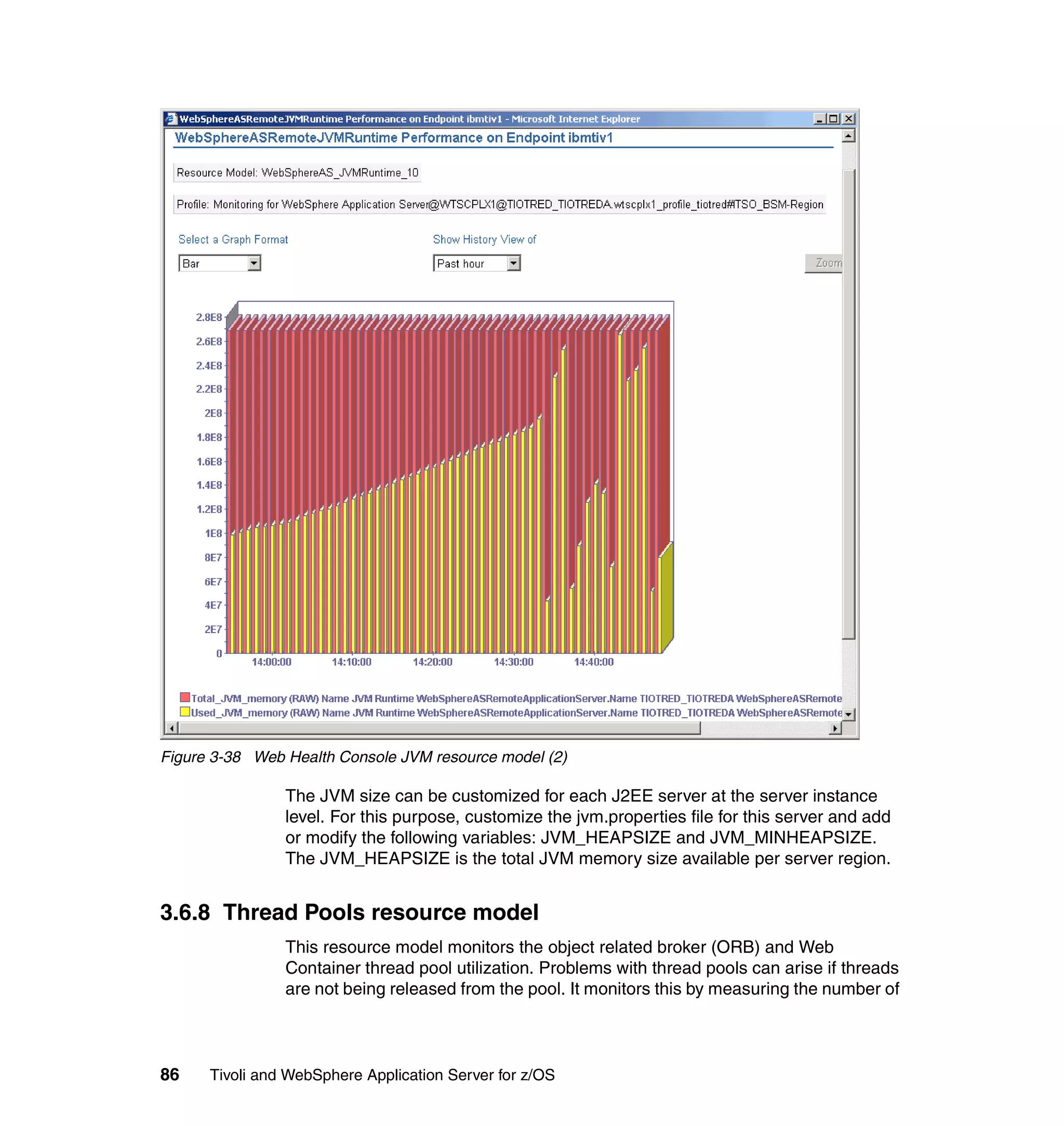 Figure 3-38 Web Health Console JVM resource model (2)

                The JVM size can be customized for each J2EE server at the server instance
                level. For this purpose, customize the jvm.properties file for this server and add
                or modify the following variables: JVM_HEAPSIZE and JVM_MINHEAPSIZE.
                The JVM_HEAPSIZE is the total JVM memory size available per server region.


3.6.8 Thread Pools resource model
                This resource model monitors the object related broker (ORB) and Web
                Container thread pool utilization. Problems with thread pools can arise if threads
                are not being released from the pool. It monitors this by measuring the number of



86    Tivoli and WebSphere Application Server for z/OS
 