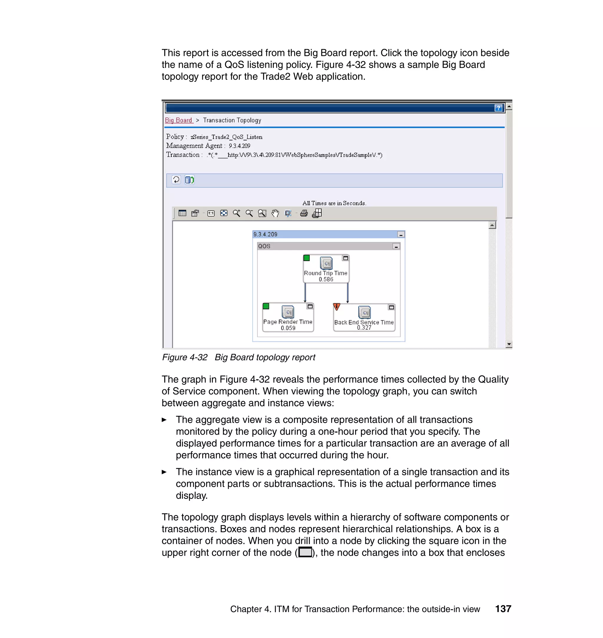 This report is accessed from the Big Board report. Click the topology icon beside
the name of a QoS listening policy. Figure 4-32 shows a sample Big Board
topology report for the Trade2 Web application.




Figure 4-32 Big Board topology report

The graph in Figure 4-32 reveals the performance times collected by the Quality
of Service component. When viewing the topology graph, you can switch
between aggregate and instance views:
   The aggregate view is a composite representation of all transactions
   monitored by the policy during a one-hour period that you specify. The
   displayed performance times for a particular transaction are an average of all
   performance times that occurred during the hour.
   The instance view is a graphical representation of a single transaction and its
   component parts or subtransactions. This is the actual performance times
   display.

The topology graph displays levels within a hierarchy of software components or
transactions. Boxes and nodes represent hierarchical relationships. A box is a
container of nodes. When you drill into a node by clicking the square icon in the
upper right corner of the node ( ), the node changes into a box that encloses




                Chapter 4. ITM for Transaction Performance: the outside-in view   137
 