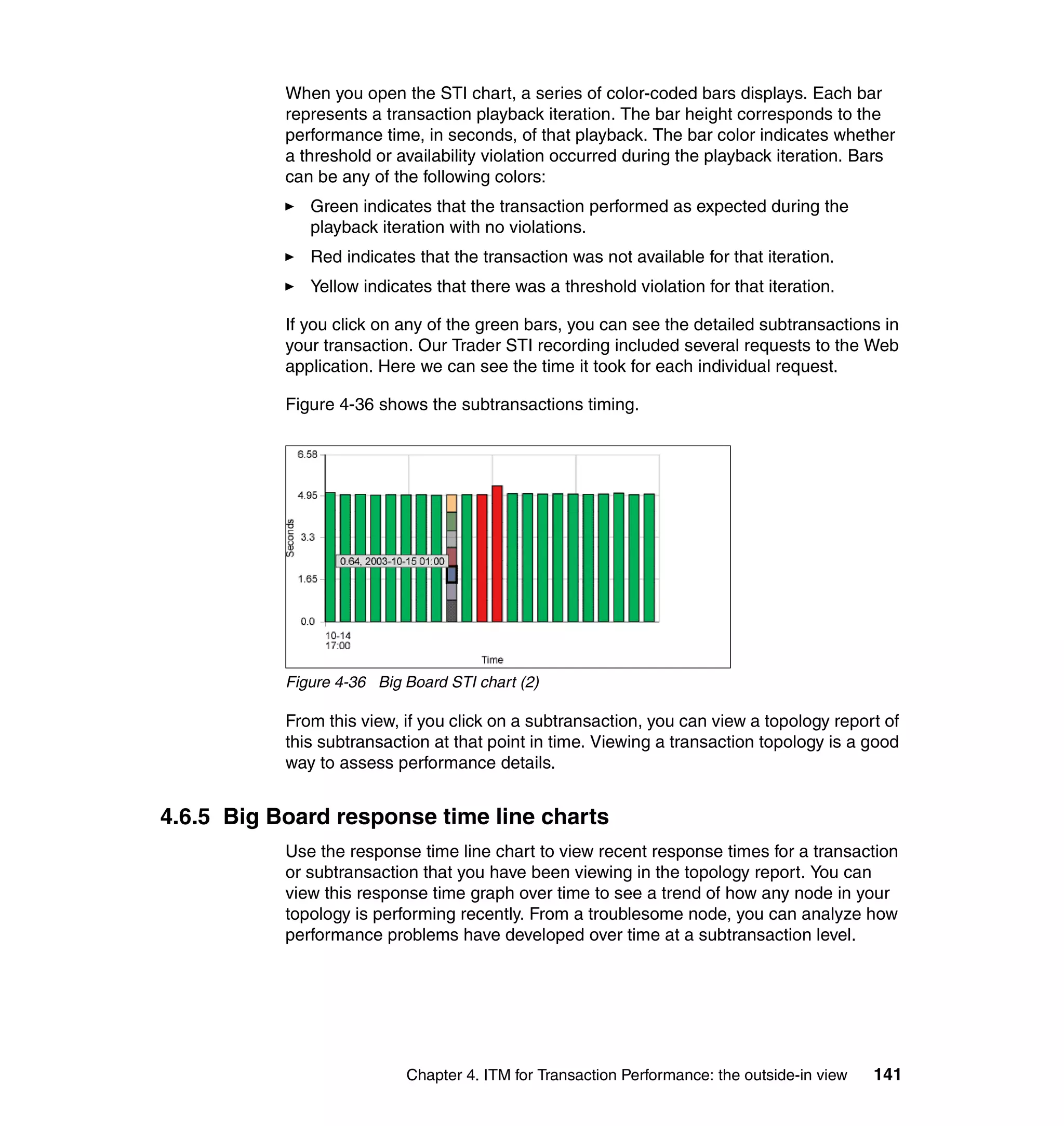 When you open the STI chart, a series of color-coded bars displays. Each bar
           represents a transaction playback iteration. The bar height corresponds to the
           performance time, in seconds, of that playback. The bar color indicates whether
           a threshold or availability violation occurred during the playback iteration. Bars
           can be any of the following colors:
              Green indicates that the transaction performed as expected during the
              playback iteration with no violations.
              Red indicates that the transaction was not available for that iteration.
              Yellow indicates that there was a threshold violation for that iteration.

           If you click on any of the green bars, you can see the detailed subtransactions in
           your transaction. Our Trader STI recording included several requests to the Web
           application. Here we can see the time it took for each individual request.

           Figure 4-36 shows the subtransactions timing.




           Figure 4-36 Big Board STI chart (2)

           From this view, if you click on a subtransaction, you can view a topology report of
           this subtransaction at that point in time. Viewing a transaction topology is a good
           way to assess performance details.


4.6.5 Big Board response time line charts
           Use the response time line chart to view recent response times for a transaction
           or subtransaction that you have been viewing in the topology report. You can
           view this response time graph over time to see a trend of how any node in your
           topology is performing recently. From a troublesome node, you can analyze how
           performance problems have developed over time at a subtransaction level.




                           Chapter 4. ITM for Transaction Performance: the outside-in view   141
 