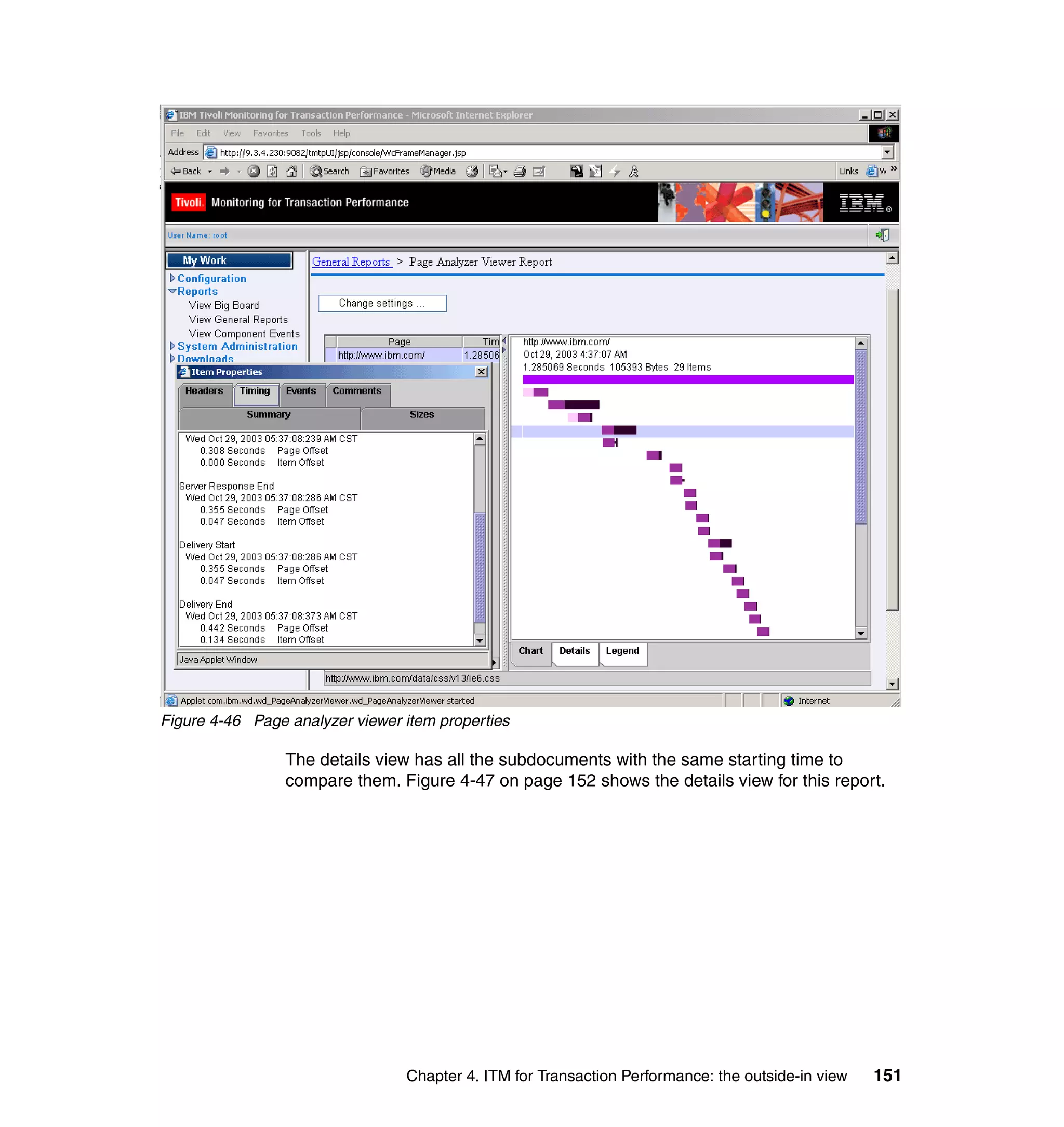 Figure 4-46 Page analyzer viewer item properties

                 The details view has all the subdocuments with the same starting time to
                 compare them. Figure 4-47 on page 152 shows the details view for this report.




                                 Chapter 4. ITM for Transaction Performance: the outside-in view   151
 
