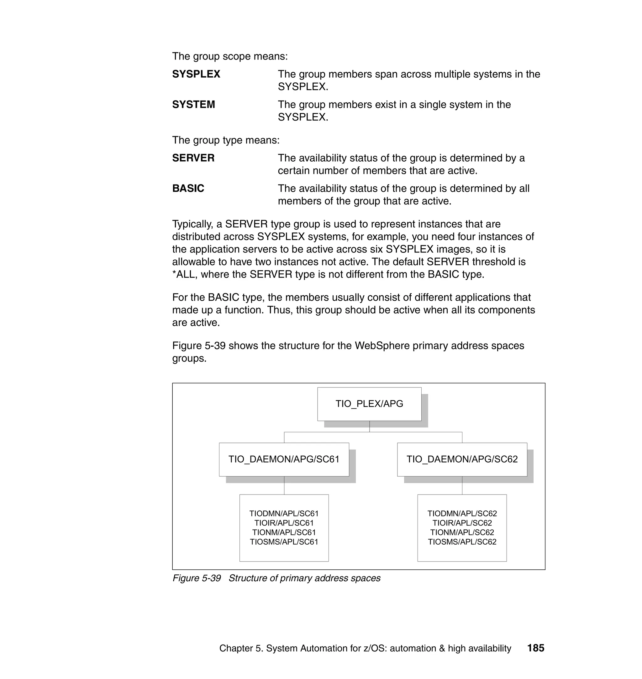 The group scope means:
SYSPLEX                The group members span across multiple systems in the
                       SYSPLEX.
SYSTEM                 The group members exist in a single system in the
                       SYSPLEX.

The group type means:
SERVER                 The availability status of the group is determined by a
                       certain number of members that are active.
BASIC                  The availability status of the group is determined by all
                       members of the group that are active.

Typically, a SERVER type group is used to represent instances that are
distributed across SYSPLEX systems, for example, you need four instances of
the application servers to be active across six SYSPLEX images, so it is
allowable to have two instances not active. The default SERVER threshold is
*ALL, where the SERVER type is not different from the BASIC type.

For the BASIC type, the members usually consist of different applications that
made up a function. Thus, this group should be active when all its components
are active.

Figure 5-39 shows the structure for the WebSphere primary address spaces
groups.



                                     TIO_PLEX/APG




            TIO_DAEMON/APG/SC61                       TIO_DAEMON/APG/SC62




                 TIODMN/APL/SC61                           TIODMN/APL/SC62
                  TIOIR/APL/SC61                            TIOIR/APL/SC62
                  TIONM/APL/SC61                            TIONM/APL/SC62
                 TIOSMS/APL/SC61                           TIOSMS/APL/SC62



Figure 5-39 Structure of primary address spaces




          Chapter 5. System Automation for z/OS: automation & high availability   185
 