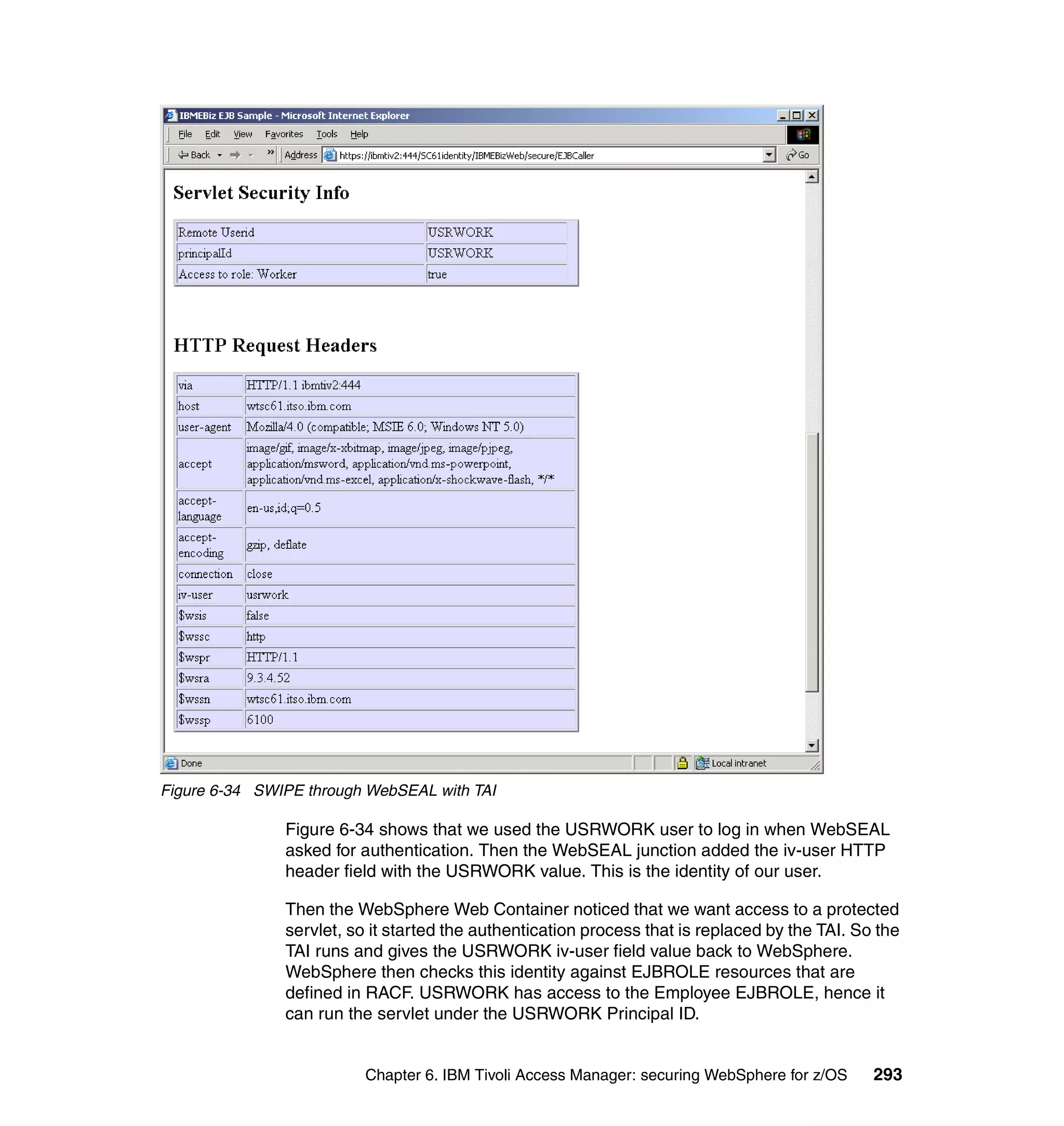 Figure 6-34 SWIPE through WebSEAL with TAI

               Figure 6-34 shows that we used the USRWORK user to log in when WebSEAL
               asked for authentication. Then the WebSEAL junction added the iv-user HTTP
               header field with the USRWORK value. This is the identity of our user.

               Then the WebSphere Web Container noticed that we want access to a protected
               servlet, so it started the authentication process that is replaced by the TAI. So the
               TAI runs and gives the USRWORK iv-user field value back to WebSphere.
               WebSphere then checks this identity against EJBROLE resources that are
               defined in RACF. USRWORK has access to the Employee EJBROLE, hence it
               can run the servlet under the USRWORK Principal ID.


                          Chapter 6. IBM Tivoli Access Manager: securing WebSphere for z/OS     293
 