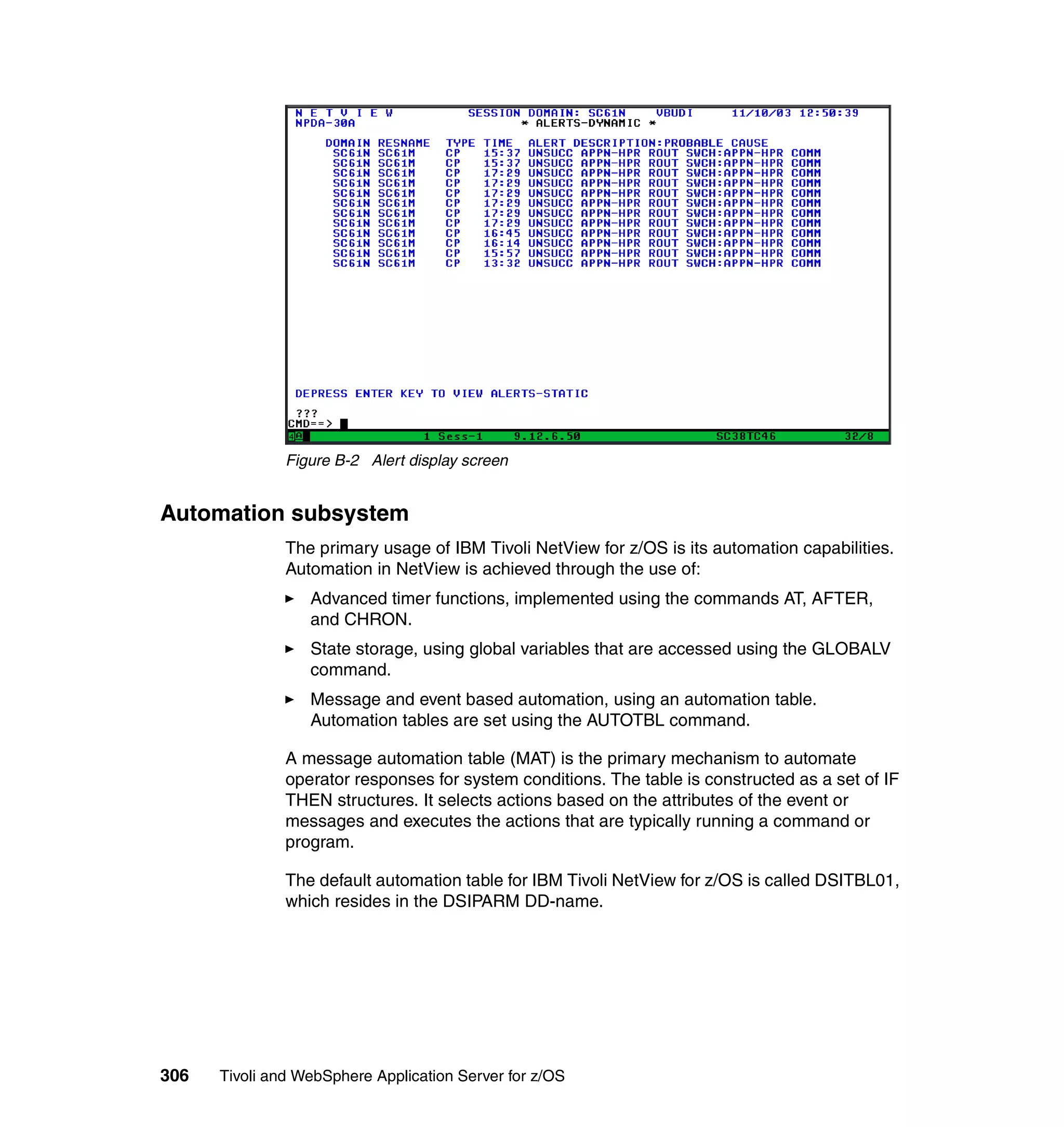 Figure B-2 Alert display screen


Automation subsystem
               The primary usage of IBM Tivoli NetView for z/OS is its automation capabilities.
               Automation in NetView is achieved through the use of:
                  Advanced timer functions, implemented using the commands AT, AFTER,
                  and CHRON.
                  State storage, using global variables that are accessed using the GLOBALV
                  command.
                  Message and event based automation, using an automation table.
                  Automation tables are set using the AUTOTBL command.

               A message automation table (MAT) is the primary mechanism to automate
               operator responses for system conditions. The table is constructed as a set of IF
               THEN structures. It selects actions based on the attributes of the event or
               messages and executes the actions that are typically running a command or
               program.

               The default automation table for IBM Tivoli NetView for z/OS is called DSITBL01,
               which resides in the DSIPARM DD-name.




306   Tivoli and WebSphere Application Server for z/OS
 