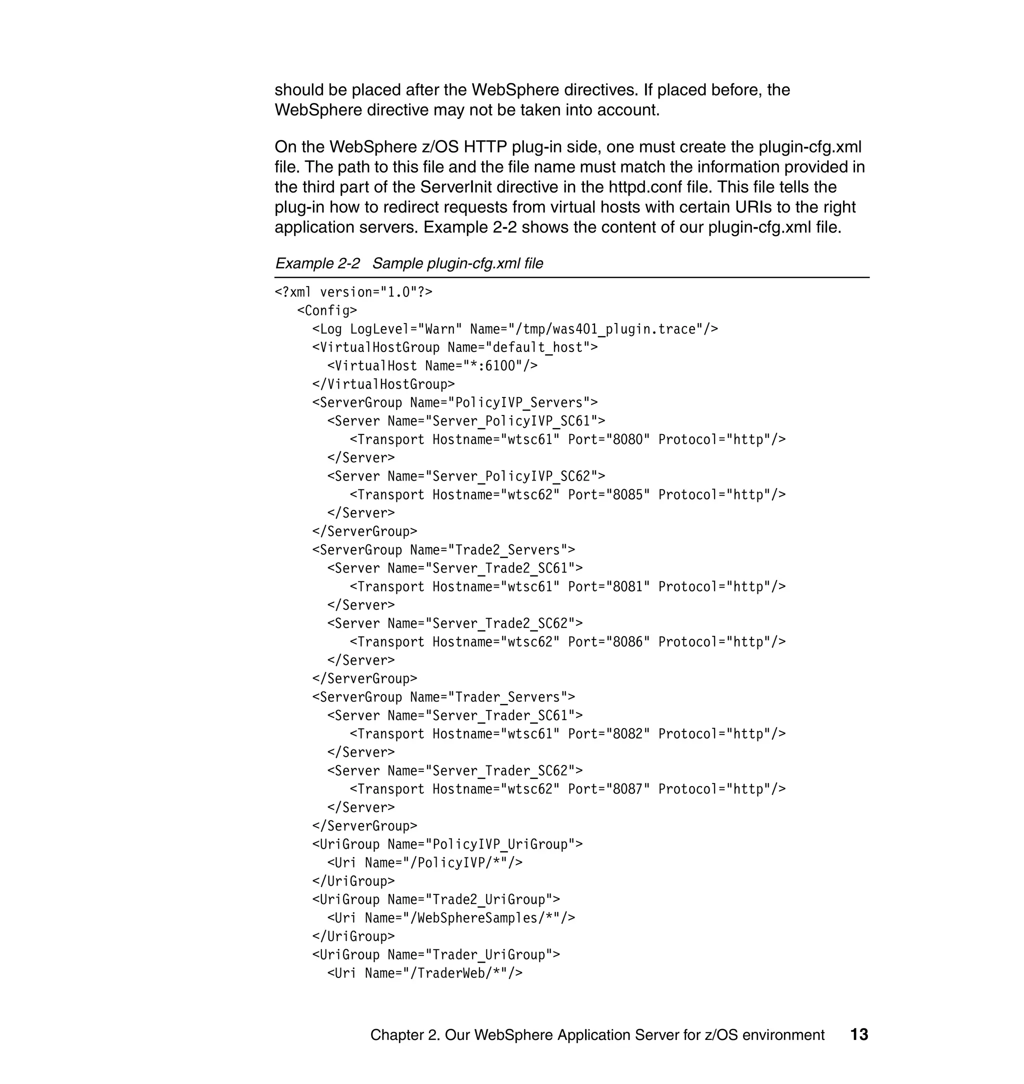 should be placed after the WebSphere directives. If placed before, the
WebSphere directive may not be taken into account.

On the WebSphere z/OS HTTP plug-in side, one must create the plugin-cfg.xml
file. The path to this file and the file name must match the information provided in
the third part of the ServerInit directive in the httpd.conf file. This file tells the
plug-in how to redirect requests from virtual hosts with certain URIs to the right
application servers. Example 2-2 shows the content of our plugin-cfg.xml file.

Example 2-2 Sample plugin-cfg.xml file
<?xml version="1.0"?>
   <Config>
     <Log LogLevel="Warn" Name="/tmp/was401_plugin.trace"/>
     <VirtualHostGroup Name="default_host">
       <VirtualHost Name="*:6100"/>
     </VirtualHostGroup>
     <ServerGroup Name="PolicyIVP_Servers">
       <Server Name="Server_PolicyIVP_SC61">
          <Transport Hostname="wtsc61" Port="8080" Protocol="http"/>
       </Server>
       <Server Name="Server_PolicyIVP_SC62">
          <Transport Hostname="wtsc62" Port="8085" Protocol="http"/>
       </Server>
     </ServerGroup>
     <ServerGroup Name="Trade2_Servers">
       <Server Name="Server_Trade2_SC61">
          <Transport Hostname="wtsc61" Port="8081" Protocol="http"/>
       </Server>
       <Server Name="Server_Trade2_SC62">
          <Transport Hostname="wtsc62" Port="8086" Protocol="http"/>
       </Server>
     </ServerGroup>
     <ServerGroup Name="Trader_Servers">
       <Server Name="Server_Trader_SC61">
          <Transport Hostname="wtsc61" Port="8082" Protocol="http"/>
       </Server>
       <Server Name="Server_Trader_SC62">
          <Transport Hostname="wtsc62" Port="8087" Protocol="http"/>
       </Server>
     </ServerGroup>
     <UriGroup Name="PolicyIVP_UriGroup">
       <Uri Name="/PolicyIVP/*"/>
     </UriGroup>
     <UriGroup Name="Trade2_UriGroup">
       <Uri Name="/WebSphereSamples/*"/>
     </UriGroup>
     <UriGroup Name="Trader_UriGroup">
       <Uri Name="/TraderWeb/*"/>



             Chapter 2. Our WebSphere Application Server for z/OS environment      13
 