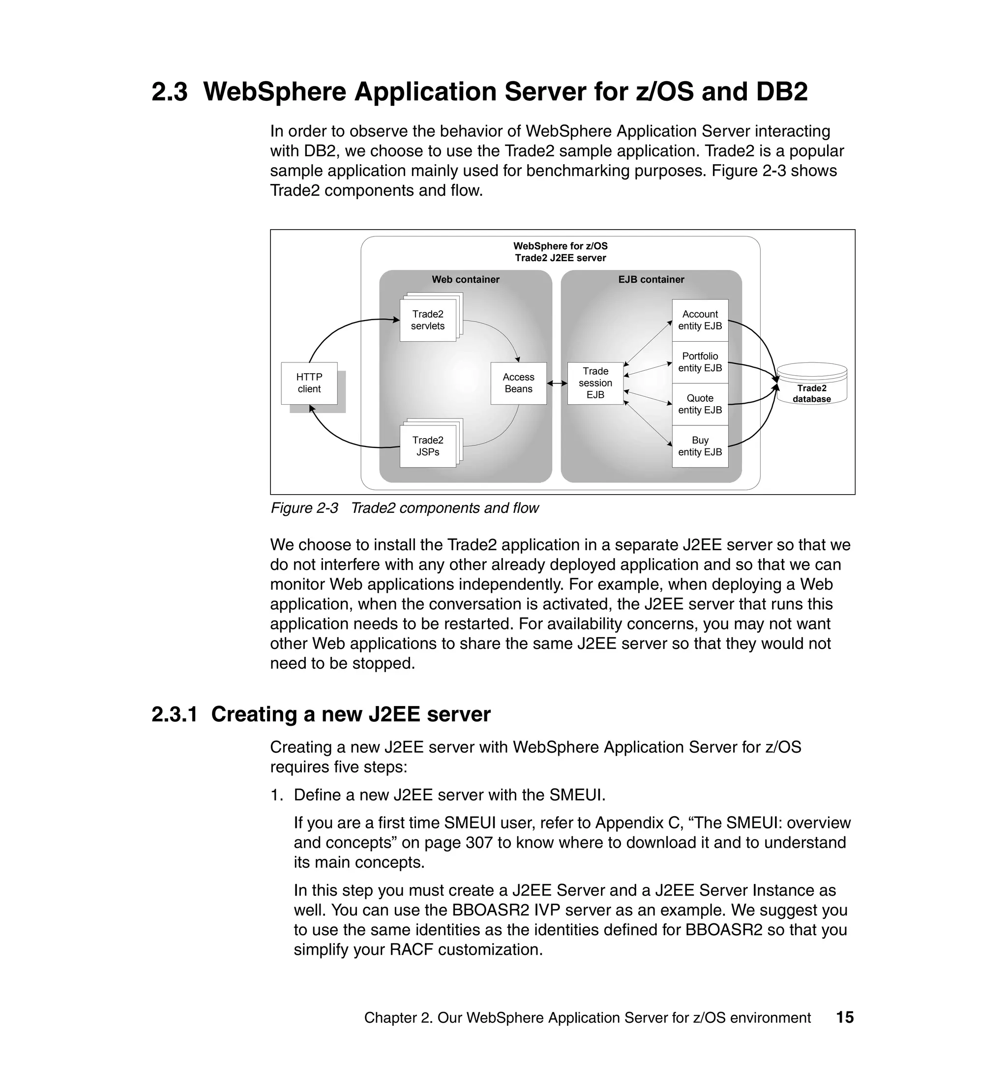 2.3 WebSphere Application Server for z/OS and DB2
           In order to observe the behavior of WebSphere Application Server interacting
           with DB2, we choose to use the Trade2 sample application. Trade2 is a popular
           sample application mainly used for benchmarking purposes. Figure 2-3 shows
           Trade2 components and flow.


                                                     WebSphere for z/OS
                                                     Trade2 J2EE server

                                   Web container                           EJB container

                                Trade2
                               Trade2
                              Trade2                                                   Account
                                servlets
                               servlets
                              servlets                                                entity EJB


                                                                                       Portfolio
                                                                  Trade               entity EJB
              HTTP                                 Access
                                                                 session
              client                               Beans                                            Trade2
                                                                   EJB                  Quote      database
                                                                                      entity EJB

                                Trade2
                               Trade2
                              Trade2
                               servlets                                                  Buy
                              servlets
                               JSPs                                                   entity EJB




           Figure 2-3 Trade2 components and flow

           We choose to install the Trade2 application in a separate J2EE server so that we
           do not interfere with any other already deployed application and so that we can
           monitor Web applications independently. For example, when deploying a Web
           application, when the conversation is activated, the J2EE server that runs this
           application needs to be restarted. For availability concerns, you may not want
           other Web applications to share the same J2EE server so that they would not
           need to be stopped.


2.3.1 Creating a new J2EE server
           Creating a new J2EE server with WebSphere Application Server for z/OS
           requires five steps:
           1. Define a new J2EE server with the SMEUI.
              If you are a first time SMEUI user, refer to Appendix C, “The SMEUI: overview
              and concepts” on page 307 to know where to download it and to understand
              its main concepts.
              In this step you must create a J2EE Server and a J2EE Server Instance as
              well. You can use the BBOASR2 IVP server as an example. We suggest you
              to use the same identities as the identities defined for BBOASR2 so that you
              simplify your RACF customization.



                       Chapter 2. Our WebSphere Application Server for z/OS environment                       15
 
