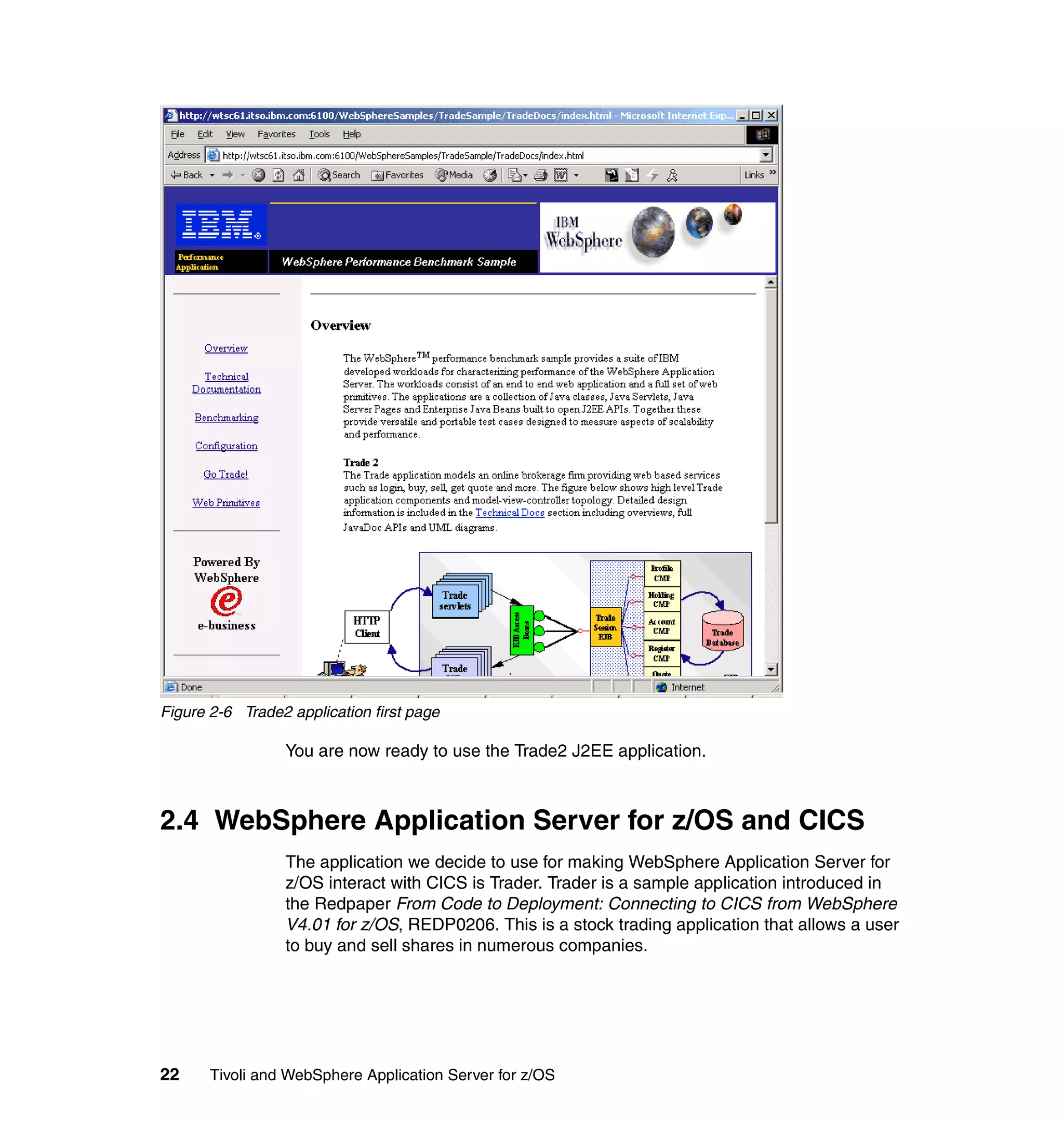 Figure 2-6 Trade2 application first page

                 You are now ready to use the Trade2 J2EE application.



2.4 WebSphere Application Server for z/OS and CICS
                 The application we decide to use for making WebSphere Application Server for
                 z/OS interact with CICS is Trader. Trader is a sample application introduced in
                 the Redpaper From Code to Deployment: Connecting to CICS from WebSphere
                 V4.01 for z/OS, REDP0206. This is a stock trading application that allows a user
                 to buy and sell shares in numerous companies.




22     Tivoli and WebSphere Application Server for z/OS
 