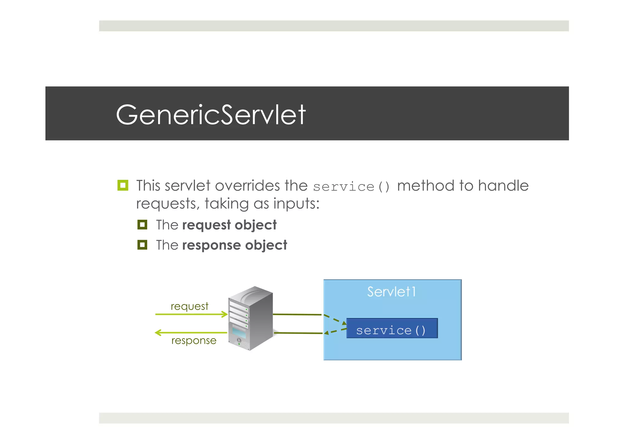 GenericServlet
¤  This servlet overrides the service() method to handle
requests, taking as inputs:
¤  The request object
¤  The response object
request
response
 