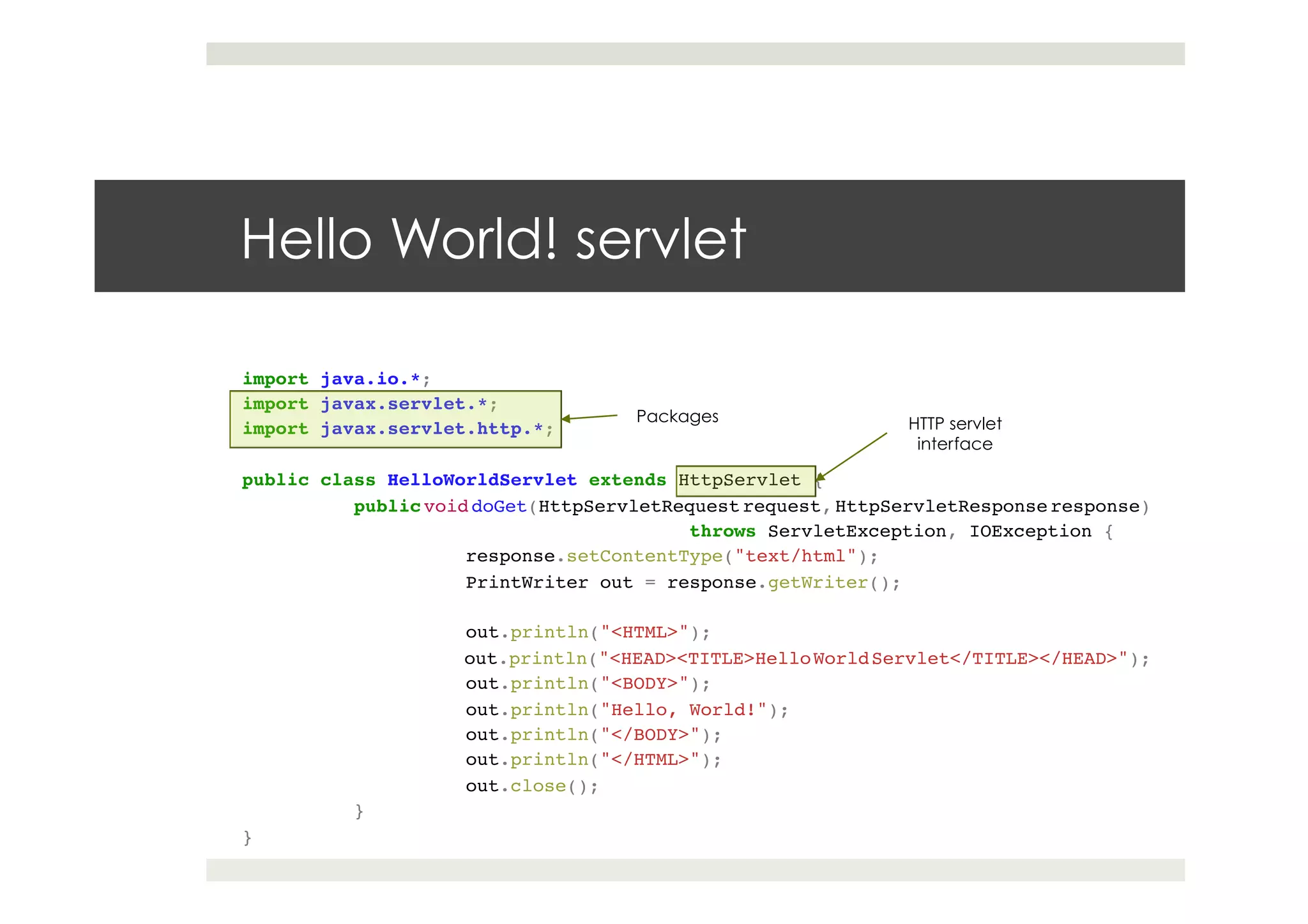 import java.io.*;!
import javax.servlet.*;!
import javax.servlet.http.*;!
!
public class HelloWorldServlet extends HttpServlet {!
!public void doGet(HttpServletRequest request, HttpServletResponse response)!
! ! ! !throws ServletException, IOException {!
! !response.setContentType("text/html");!
! !PrintWriter out = response.getWriter();!
! !!
! !out.println("<HTML>");!
! !out.println("<HEAD><TITLE>HelloWorldServlet</TITLE></HEAD>");!
! !out.println("<BODY>");!
! !out.println("Hello, World!");!
! !out.println("</BODY>");!
! !out.println("</HTML>");!
! !out.close();!
!}!
}
Hello World! servlet
HTTP servlet
interface
Packages
 