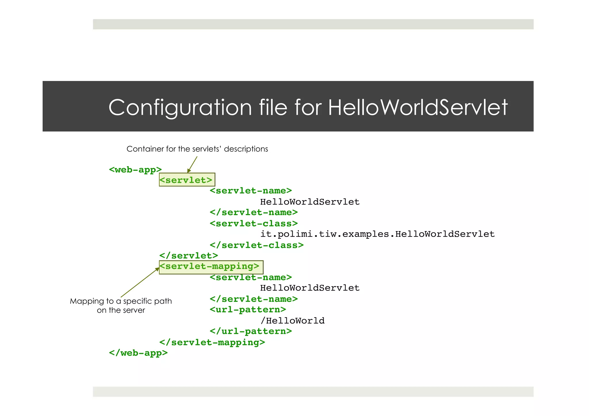 Configuration file for HelloWorldServlet
<web-app> !
!<servlet>!
! !<servlet-name>!
! ! !HelloWorldServlet!
! !</servlet-name>!
! !<servlet-class>!
! ! !it.polimi.tiw.examples.HelloWorldServlet!
! !</servlet-class>!
!</servlet>!
!<servlet-mapping>!
! !<servlet-name>!
! ! !HelloWorldServlet!
! !</servlet-name>!
! !<url-pattern>!
! ! !/HelloWorld!
! !</url-pattern>!
!</servlet-mapping>!
</web-app>
Container for the servlets’ descriptions
Mapping to a specific path
on the server
 