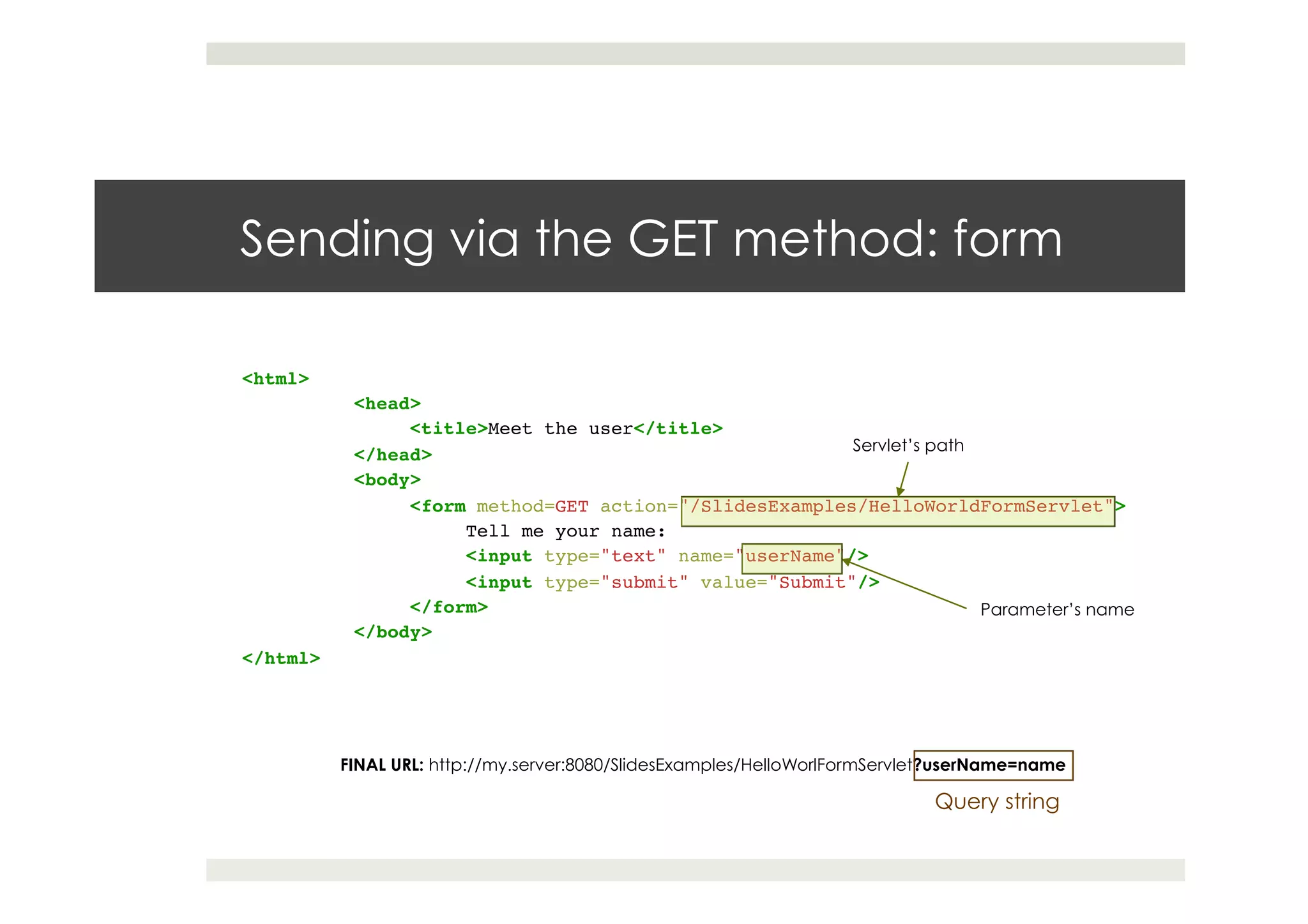 Sending via the GET method: form
<html>!
!<head>!
! <title>Meet the user</title>!
!</head>!
!<body>!
! <form method=GET action="/SlidesExamples/HelloWorldFormServlet">!
! !Tell me your name:!
! !<input type="text" name="userName"/>!
! !<input type="submit" value="Submit"/>!
! </form>!
!</body>!
</html>
Servlet’s path
Parameter’s name
FINAL URL: http://my.server:8080/SlidesExamples/HelloWorlFormServlet?userName=name
Query string
 