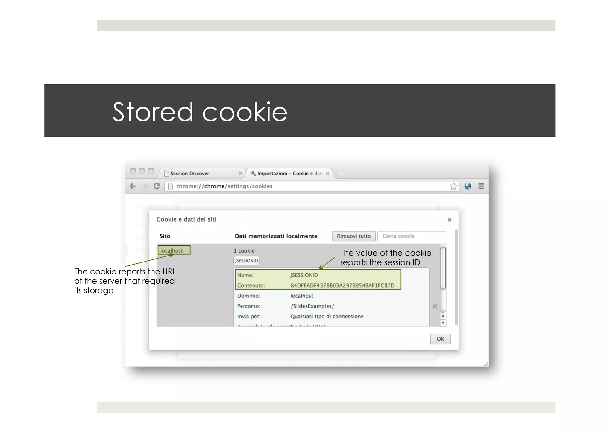 Stored cookie
The cookie reports the URL
of the server that required
its storage
The value of the cookie
reports the session ID
 