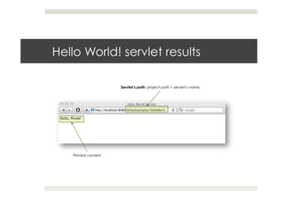 Hello World! servlet results
Servlet’s path: project path + servlet’s name
Printed content
 