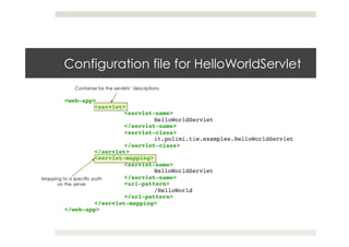 Configuration file for HelloWorldServlet
<web-app> !
!<servlet>!
! !<servlet-name>!
! ! !HelloWorldServlet!
! !</servlet-name>!
! !<servlet-class>!
! ! !it.polimi.tiw.examples.HelloWorldServlet!
! !</servlet-class>!
!</servlet>!
!<servlet-mapping>!
! !<servlet-name>!
! ! !HelloWorldServlet!
! !</servlet-name>!
! !<url-pattern>!
! ! !/HelloWorld!
! !</url-pattern>!
!</servlet-mapping>!
</web-app>
Container for the servlets’ descriptions
Mapping to a specific path
on the server
 